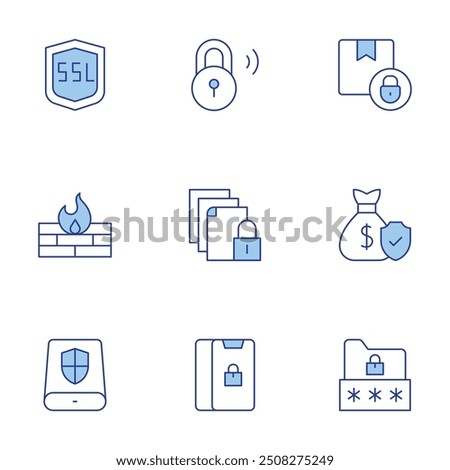 Security icons set. Line Duotone style, editable stroke. padlock, money bag, lock, ssl, data storage, firewall, document, folder, delivery box.