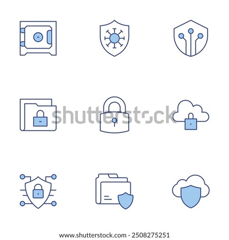 Security icons set. Line Duotone style, editable stroke. folder, lock, box, cloud, confidential, digital, antivirus, cyber security.