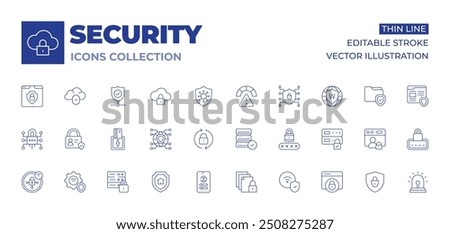 Security icons collection. Thin Line icons, editable stroke. reset password, cyber security, server, security, log in, wifi, card, pin code, network, document, lock, protection.