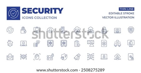 Security icons collection. Thin Line icons, editable stroke. money, key, palm, data security, shield, usb, safe box, prevention, home, antivirus, email, check.