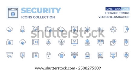 Security icons collection. Line Duotone style, editable stroke. firewall, secure folder, lock, cctv, personal security, cloud storage, security box, cloud, confidential, digital security, antivirus.