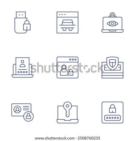 Security icons set. Thin Line style, editable stroke. cctv, economy, login, flash drive, spy, webpage, private account, laptop.