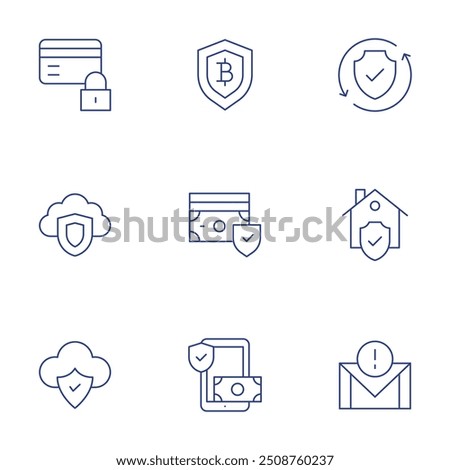 Security icons set. Thin Line style, editable stroke. credit card, secure payment, ensure, shield, money, home, cloud storage, smartphone, email.