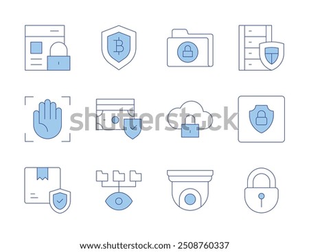 Security icons. Line Duotone style, editable stroke. security system, secure folder, spy, web security, cctv, data, box, palm, secure payment, money, online security, lock.