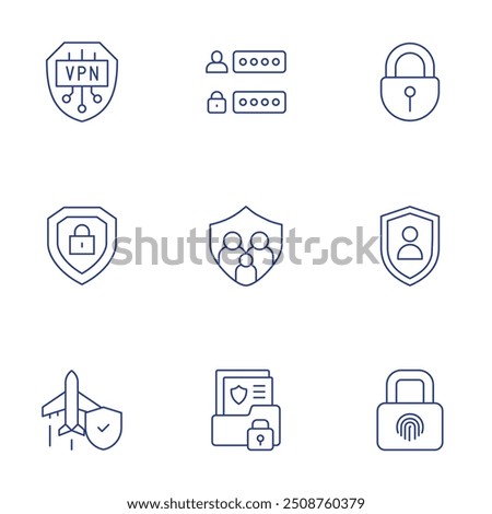 Security icons set. Thin Line style, editable stroke. vpn, personal security, security, family insurance, plane, lock, secret file, id.