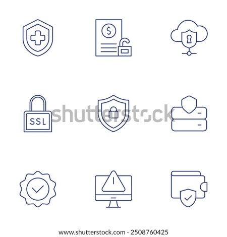 Security icons set. Thin Line style, editable stroke. health insurance, unsecured loan, lock, secure socket layer, shield, server, quality, warning sign, wallet.