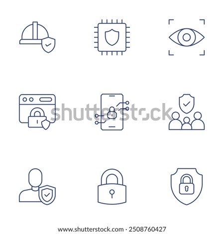 Security icons set. Thin Line style, editable stroke. insurance, web security, person, shield, eye scanner, lock, protection, family.