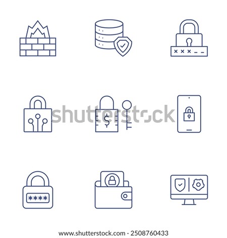 Security icons set. Thin Line style, editable stroke. firewall, database, password, padlock, lock, wallet, vpn.