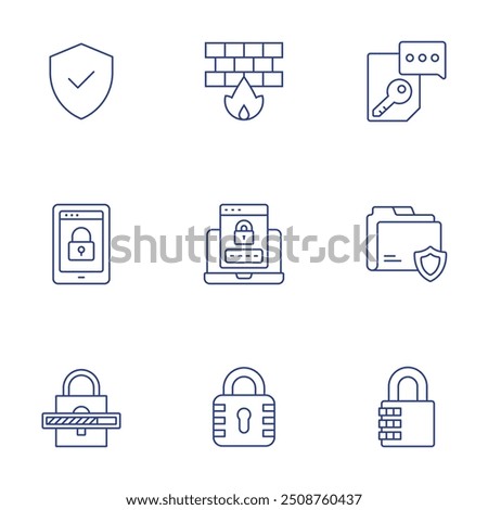 Security icons set. Thin Line style, editable stroke. firewall, encrypted data, padlock, password, folder, unlocking, verified.