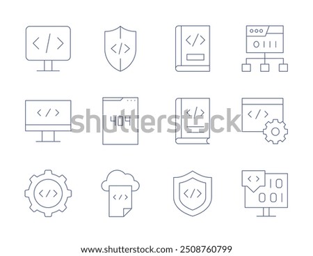 Programming icons. Thin Line style, editable stroke. programming, firewall, book, web, coding, code, web programming, cloud data, shield, error.