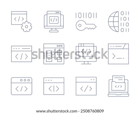 Programming icons. Thin Line style, editable stroke. programming, coding, browser, encrypt, software, binary code, code, develop.