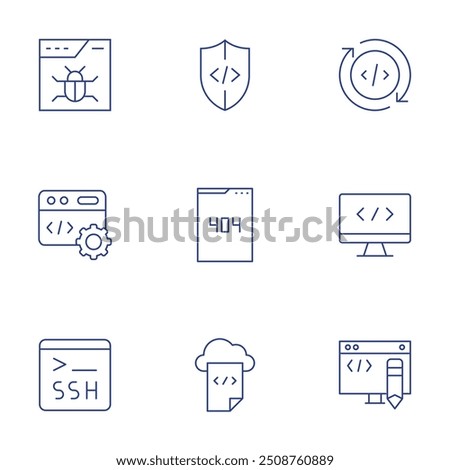 Programming icons set. Thin Line style, editable stroke. virus, refresh, cloud data, shield, error, ssh, edit code, coding.