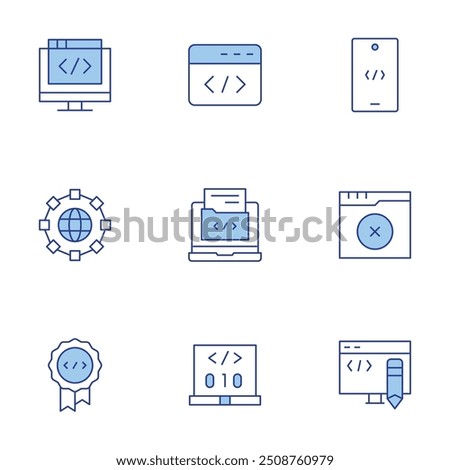 Programming icons set. Line Duotone style, editable stroke. quality, code, edit code, development, software, coding, world, programming, no results.