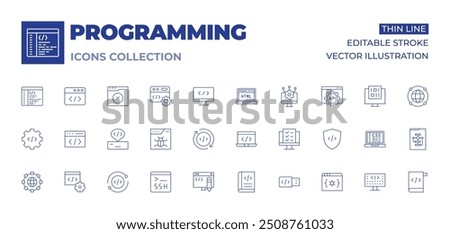 Programming icons collection. Thin Line icons, editable stroke. programming, virus, refresh, coding, usability, shield, css, algorithm, usb, ssh, edit code, book, world, develop.