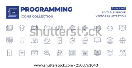 Programming icons collection. Thin Line icons, editable stroke. development, time, cloud, software, padlock, coding, web page, data, clean code, shield, error, world wide web, email, code.