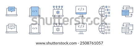 Programming icon set in two styles, Duotone and Thin Line style. Editable stroke. web programming, binary code, coding, api, interchange.