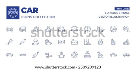 Car icons collection. Thin Line icons, editable stroke. car, suv, spark plug, smart car, limousine, car sharing.