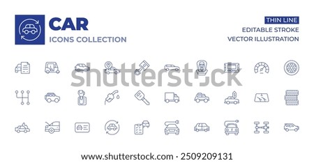 Car icons collection. Thin Line icons, editable stroke. key, driving test, box car, electric, gear, suv, automatic transmission, fuel pump, fire, trunk, driving license.