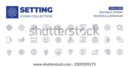 Setting icons collection. Thin Line icons, editable stroke. target, optimization, computer, smartphone, support, folder, settings, idea, money management, globe, setting, product release.