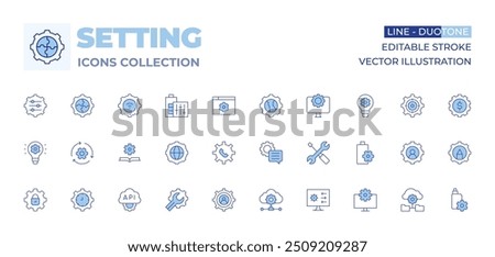 Setting icons collection. Line Duotone style, editable stroke. user, settings, setting, api, international, power settings, tools, setup, cloud data, book, development.