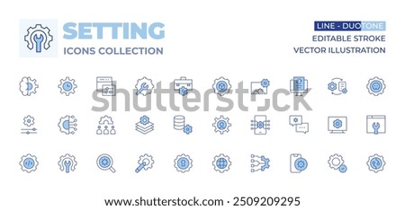 Setting icons collection. Line Duotone style, editable stroke. chat, easy installation, settings, system, connection, layers, data management, cogwheel, maintenance.