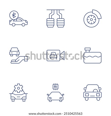 Car icons set. Thin Line style, editable stroke. smart, car sharing, brake, repair, pedals, bluetooth, security camera.