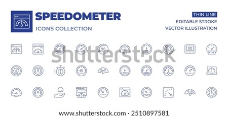 Speedometer icons collection. Thin Line icons, editable stroke. speedometer, gas, slow, fast, boost, odometer, speed, website, difficulty, barometer, speedtest, coding.