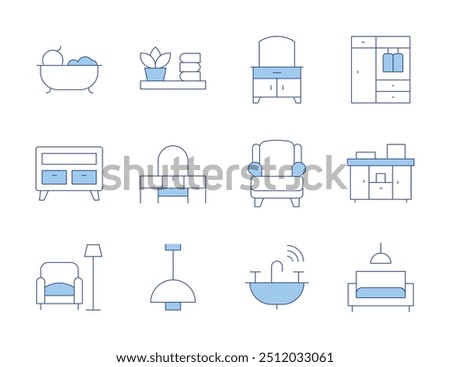 Home furniture icons. Line Duotone style, editable stroke. bath, living room, cabinet, furniture, dresser, shelf, sink, lamp, armchair, dressing table, wardrobe.