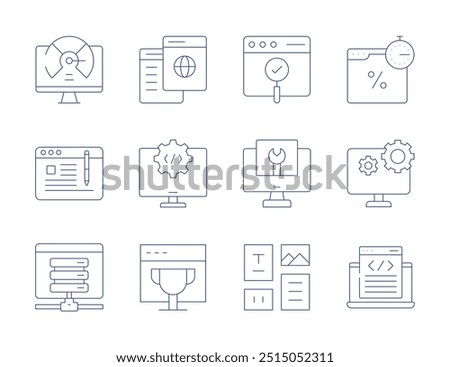 Website icons. Thin Line style, editable stroke. online learning, flash sale, settings, trophy, programmer, computer, fast speed, usability, content writing, maintenance, hosting, layout.