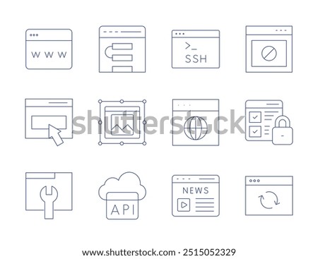 Website icons. Thin Line style, editable stroke. contact, global, online, web, web design, web security, api, update, maintenance, ssh, browser.