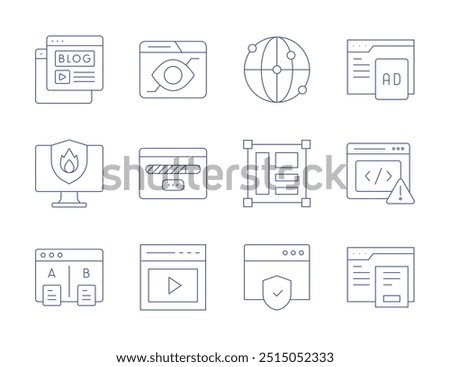 Website icons. Thin Line style, editable stroke. blogging, firewall, layout, testing, web security, network, view, browser, loading, coding, video.