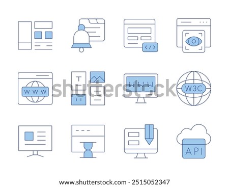 Website icons. Line Duotone style, editable stroke. interface, notification, content, view, semantic web, layout, api, web, web design, website, worldwide.