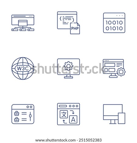 Website icons set. Thin Line style, editable stroke. semantic web, web maintenance, user experience, job offer, online translator, adaptive, sitemap, php, binary code.