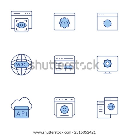 Website icons set. Line Duotone style, editable stroke. online learning, view, semantic web, web maintenance, api, update, website.