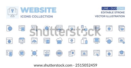 Website icons collection. Line Duotone style, editable stroke. worldwide, global, semantic web, api, mobile web, analytics, web, web management, improvement, browser.