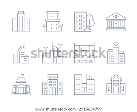 Building icons. Thin Line style, editable stroke. apartment, building, company, government, skyscraper, architecture, bank, smart city.