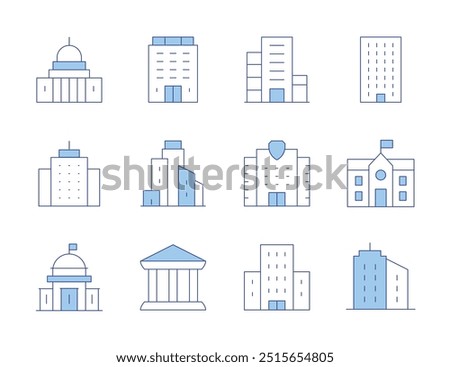 Building icons. Line Duotone style, editable stroke. polling place, migration, school, city hall, condo, capitol, bank, buildings, building.