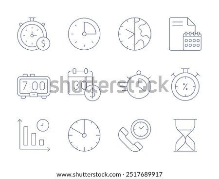 Time icons. Thin Line style, editable stroke. minutes, calendar, clock, countdown, decrease, earth hour, file, limited time, sandglass, time, digital clock.