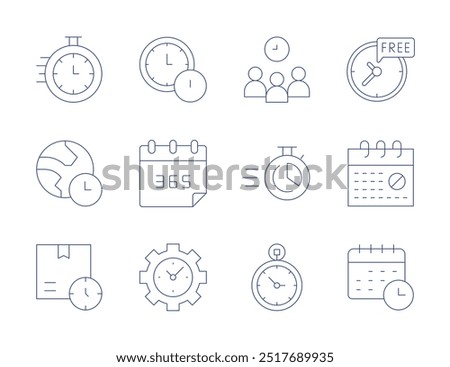 Time icons. Thin Line style, editable stroke. deadline, teamwork, free time, no weekend, schedule, time, alarm clock, calendar, clock, delivery time, earth hour.