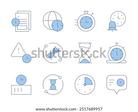 Time icons. Line Duotone style, editable stroke. process, time zone, stopwatch, minutes, files, expired, hourglass, charging, time, time management.