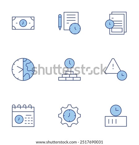 Time icons set. Line Duotone style, editable stroke. time, files, schedule, earth hour, time is money, expired, charging, deadline.