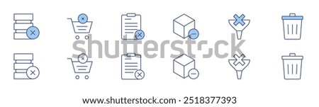 Delete icon set in two styles, Duotone and Thin Line style. Editable stroke. delete, remove from cart, remove, funnel, clipboard.