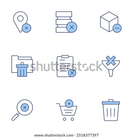 Delete icons set. Line Duotone style, editable stroke. delete, pin, folder, search, remove from cart, remove, funnel, clipboard.