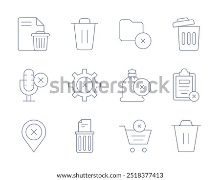 Delete icons. Thin Line style, editable stroke. bin, cancel, cancellation, delete, folder, money bag, remove from cart, file, microphone, remove.