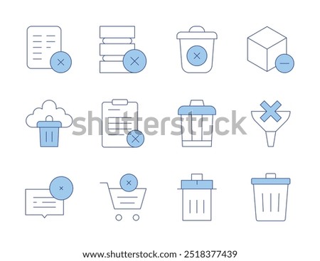 Delete icons. Line Duotone style, editable stroke. delete, bin, remove from cart, remove, funnel, paper bin, decline, clipboard.