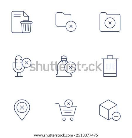 Delete icons set. Thin Line style, editable stroke. folder, money bag, remove from cart, remove, trash, file, microphone.