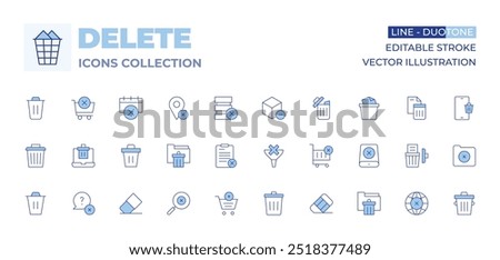 Delete icons collection. Line Duotone style, editable stroke. folder, paper bin, trash can, rubber, search, remove from cart, eraser, funnel, question, shopping cart, delete, clipboard.