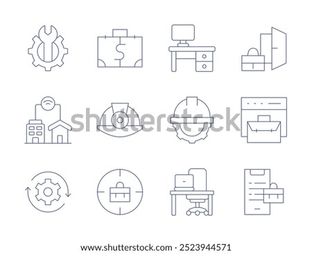 Work icons. Thin Line style, editable stroke.space, work from home, hard hat, workplace, arrows, money, dismiss, helmet, business.