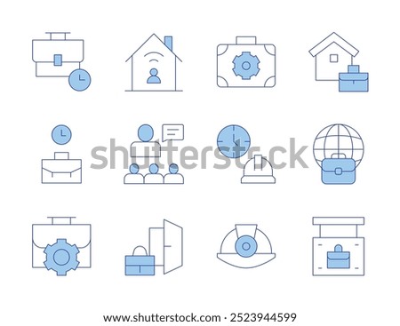 Work icons. Line Duotone style, editable stroke. time, working at home, worldwide, dismiss, boss, work from home, helmet, working hours, work in progress.