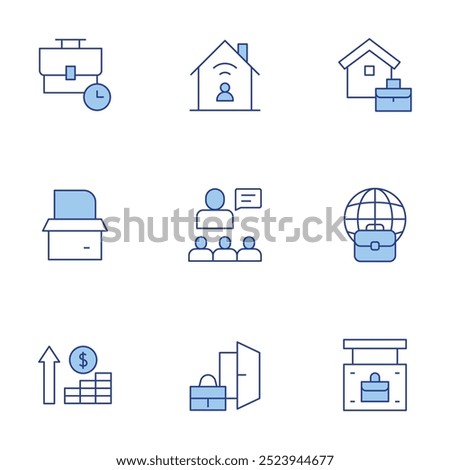 Work icons set. Line Duotone style, editable stroke. working at home, worldwide, work, dismiss, product, boss, work time, money, work from home.